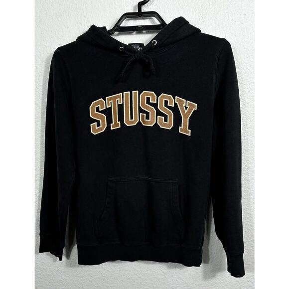 Vintage Stussy Arch Hoodie Mens Size XS Black Cotton Blend Pullover - Picture 1 of 10